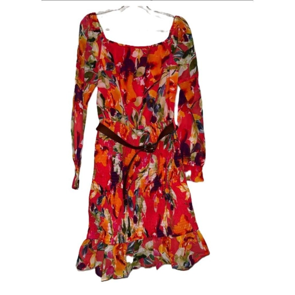Guess Womens Red Floral Botanical Smocked Mini Dress Long‎ Sleeve Belted Large - Picture 3 of 5